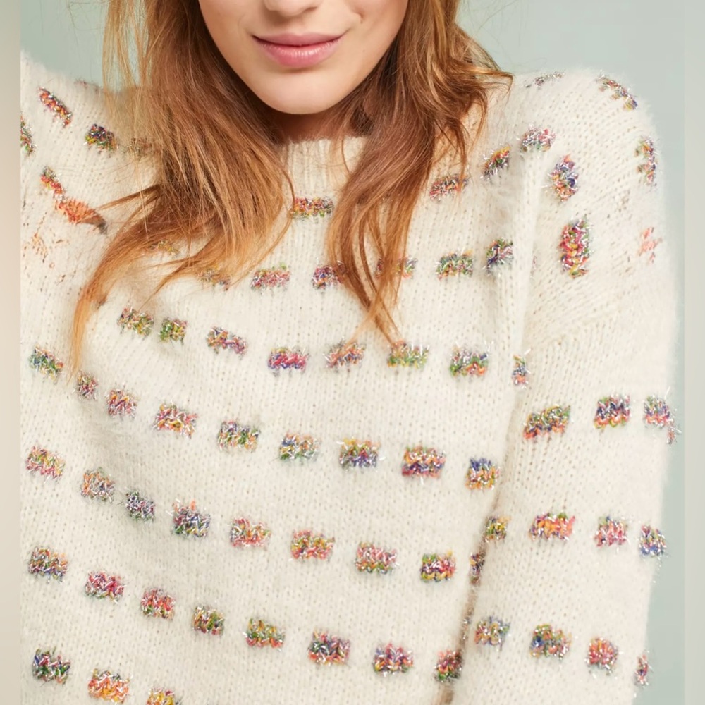 LOFT Cream Tinsel Glitter Sweater Rainbow Metallic Bar Knit Pullover